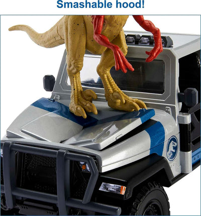 Jurassic World Search 'N Smash Truck Set with Atrociraptor Dinosaur & Human Action Figure, Vehicle with Destruct Features