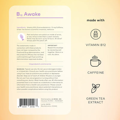 B12 Awake Patch, Natural Patch with Caffeine, B12, and Green Tea Extract, Plant Powered Wearable Wellness, Helps to Promote Energy (8 Total Patches)